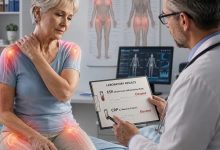 Doctor evaluating an older adult for polymyalgia rheumatica diagnosis with ESR and CRP blood tests