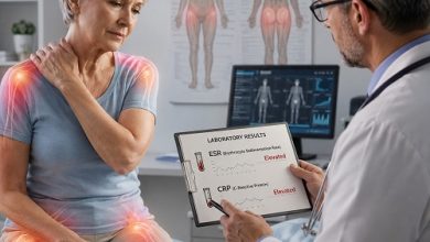 Doctor evaluating an older adult for polymyalgia rheumatica diagnosis with ESR and CRP blood tests