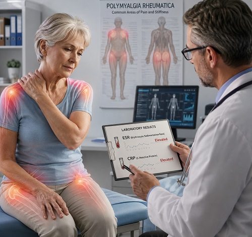 Doctor evaluating an older adult for polymyalgia rheumatica diagnosis with ESR and CRP blood tests