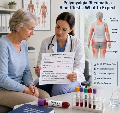 Blood tests for polymyalgia rheumatica showing ESR and CRP inflammatory markers