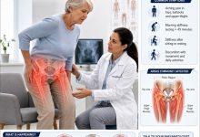 Older adult experiencing hip pain and stiffness caused by Polymyalgia Rheumatica while receiving medical assessment.