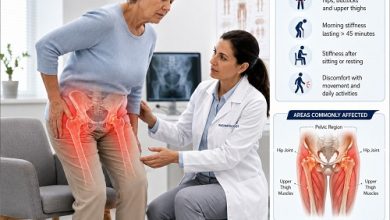 Older adult experiencing hip pain and stiffness caused by Polymyalgia Rheumatica while receiving medical assessment.