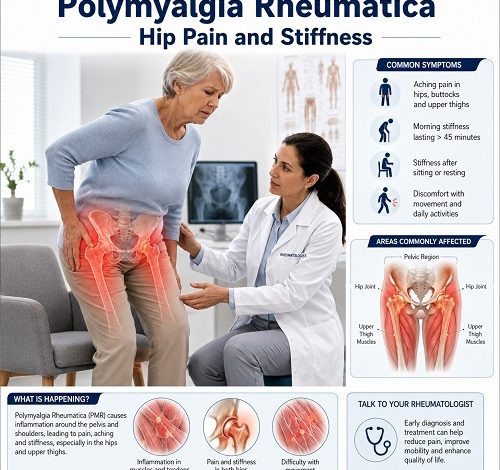 Older adult experiencing hip pain and stiffness caused by Polymyalgia Rheumatica while receiving medical assessment.