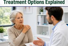 Doctor discussing Polymyalgia Rheumatica Treatment options with an older patient experiencing shoulder pain