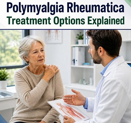 Doctor discussing Polymyalgia Rheumatica Treatment options with an older patient experiencing shoulder pain
