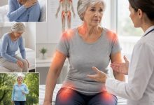 Older adult experiencing polymyalgia rheumatica morning stiffness in the shoulders and hips