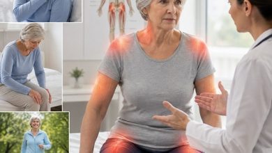 Older adult experiencing polymyalgia rheumatica morning stiffness in the shoulders and hips