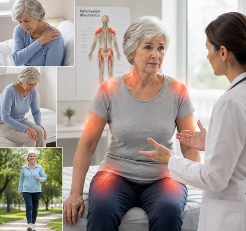 Older adult experiencing polymyalgia rheumatica morning stiffness in the shoulders and hips