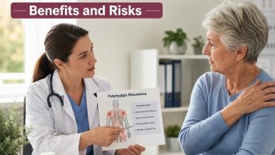 Doctor discussing Prednisone for Polymyalgia Rheumatica treatment and corticosteroid risks with an older adult patient.