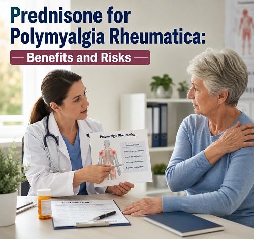 Doctor discussing Prednisone for Polymyalgia Rheumatica treatment and corticosteroid risks with an older adult patient.