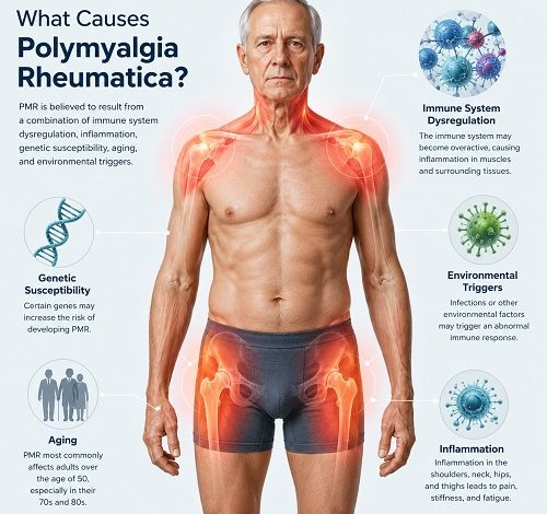 Older adult experiencing shoulder and hip inflammation associated with polymyalgia rheumatica causes