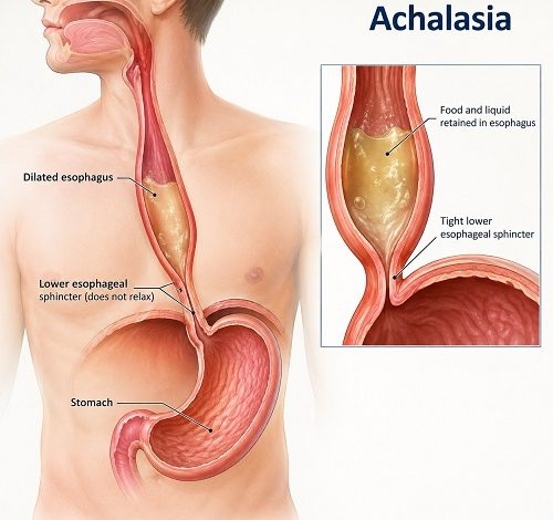 Medical illustration showing achalasia affecting the esophagus and lower esophageal sphincter