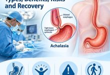 Achalasia surgery showing Heller myotomy and POEM treatment approaches