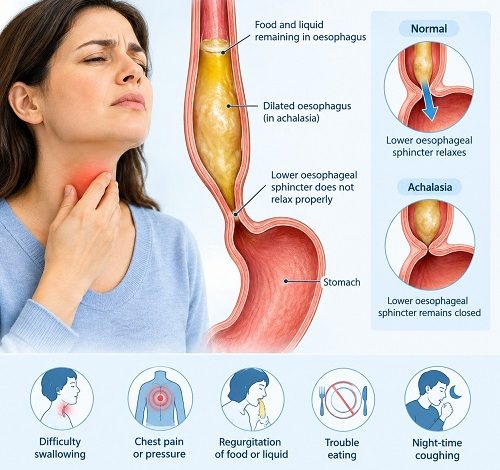Achalasia symptoms showing difficulty swallowing and food movement through the oesophagus