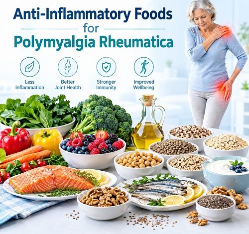 Anti-inflammatory foods for polymyalgia rheumatica including vegetables, berries, salmon, nuts and olive oil