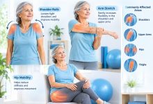 Older adult performing gentle stretches for polymyalgia rheumatica stiffness with shoulder and hip exercises