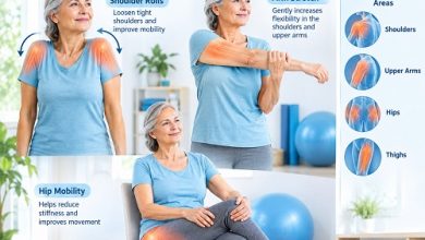 Older adult performing gentle stretches for polymyalgia rheumatica stiffness with shoulder and hip exercises