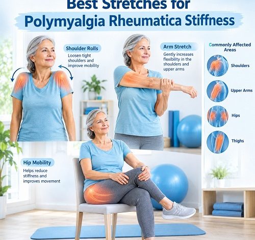 Older adult performing gentle stretches for polymyalgia rheumatica stiffness with shoulder and hip exercises