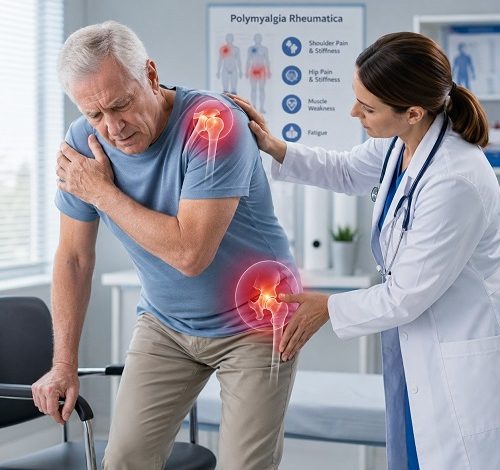Polymyalgia Rheumatica muscle weakness causing shoulder and hip discomfort in an older adult