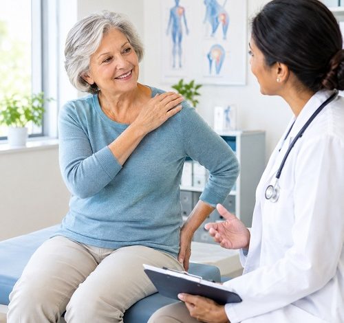 Older adult discussing polymyalgia rheumatica remission and recovery with a doctor