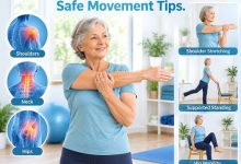Exercise for polymyalgia rheumatica showing safe gentle movement and stretching