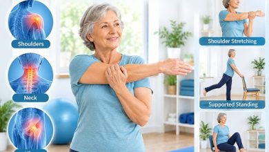 Exercise for polymyalgia rheumatica showing safe gentle movement and stretching