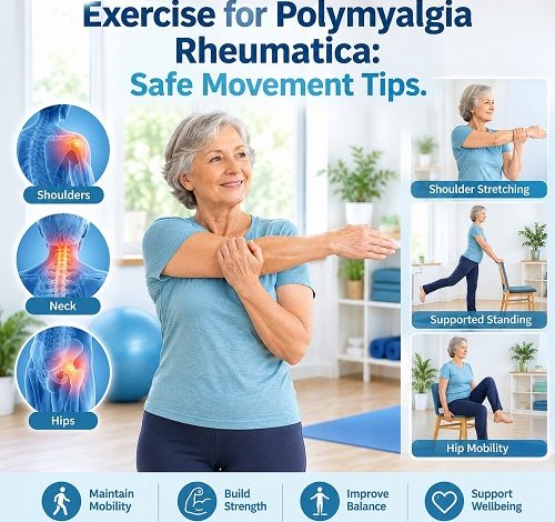 Exercise for polymyalgia rheumatica showing safe gentle movement and stretching
