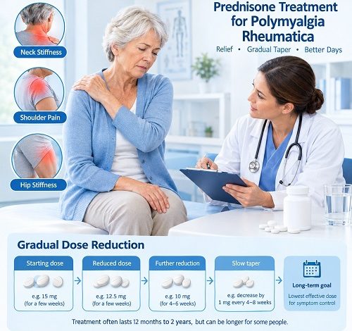 Prednisone treatment for polymyalgia rheumatica showing gradual steroid taper and treatment timeline