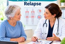 Older adult discussing polymyalgia rheumatica relapse prevention and treatment monitoring with a doctor