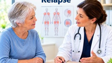 Older adult discussing polymyalgia rheumatica relapse prevention and treatment monitoring with a doctor