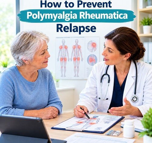 Older adult discussing polymyalgia rheumatica relapse prevention and treatment monitoring with a doctor