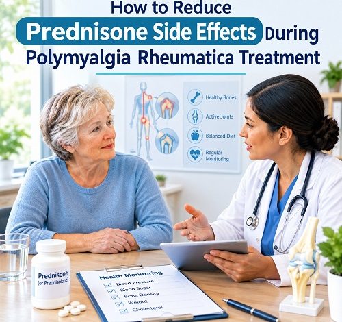 Older adult discussing prednisone side effects and polymyalgia rheumatica treatment with a doctor