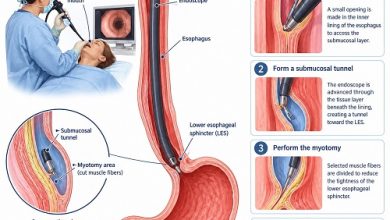POEM for achalasia procedure showing an endoscope performing peroral endoscopic myotomy