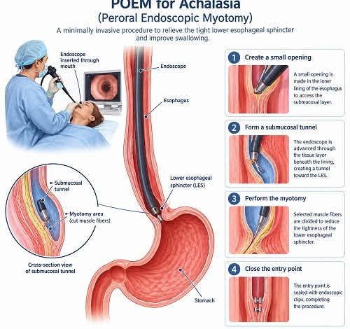 POEM for achalasia procedure showing an endoscope performing peroral endoscopic myotomy