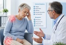 Older adult experiencing Polymyalgia Rheumatica fatigue and tiredness while sitting in a rheumatology clinic