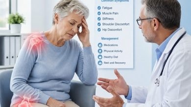 Older adult experiencing Polymyalgia Rheumatica fatigue and tiredness while sitting in a rheumatology clinic