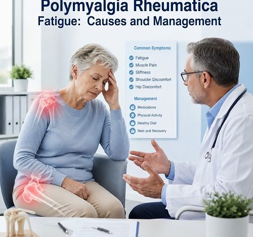 Older adult experiencing Polymyalgia Rheumatica fatigue and tiredness while sitting in a rheumatology clinic