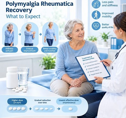 Older adult discussing polymyalgia rheumatica recovery and treatment progress with a doctor