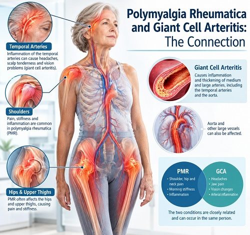 Polymyalgia Rheumatica and Giant Cell Arteritis affecting the shoulders, hips and blood vessels