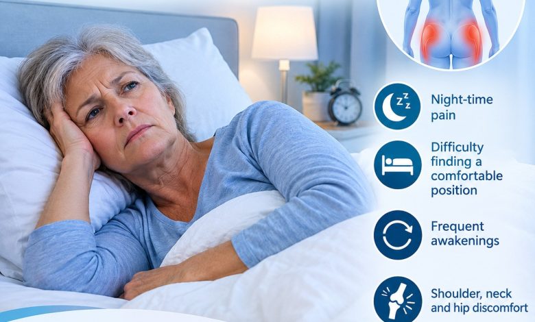 Polymyalgia Rheumatica and Sleep problems showing an older adult experiencing shoulder and hip discomfort at night