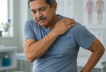 Older man experiencing shoulder and hip stiffness associated with polymyalgia rheumatica