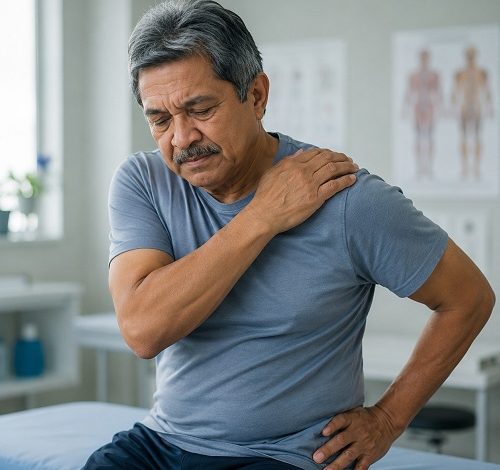 Older man experiencing shoulder and hip stiffness associated with polymyalgia rheumatica