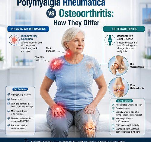 Polymyalgia Rheumatica vs Osteoarthritis showing differences in shoulder, hip and joint pain
