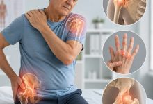 Polymyalgia rheumatica vs rheumatoid arthritis comparison showing an older adult with shoulder and joint stiffness