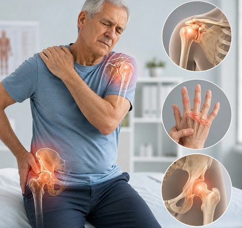 Polymyalgia rheumatica vs rheumatoid arthritis comparison showing an older adult with shoulder and joint stiffness