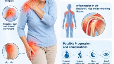 Older adult experiencing shoulder and hip pain associated with untreated Polymyalgia Rheumatica