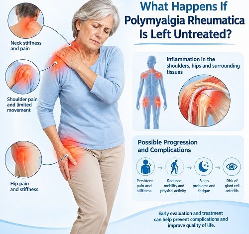 Older adult experiencing shoulder and hip pain associated with untreated Polymyalgia Rheumatica