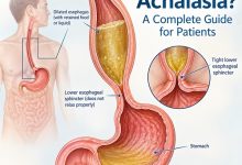 Medical illustration showing esophageal achalasia with a dilated esophagus and narrowed lower esophageal sphincter