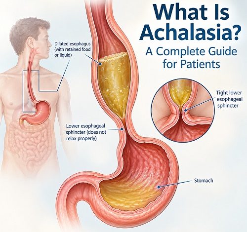 Medical illustration showing esophageal achalasia with a dilated esophagus and narrowed lower esophageal sphincter