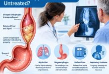 Achalasia complications showing oesophageal enlargement, aspiration and swallowing difficulties